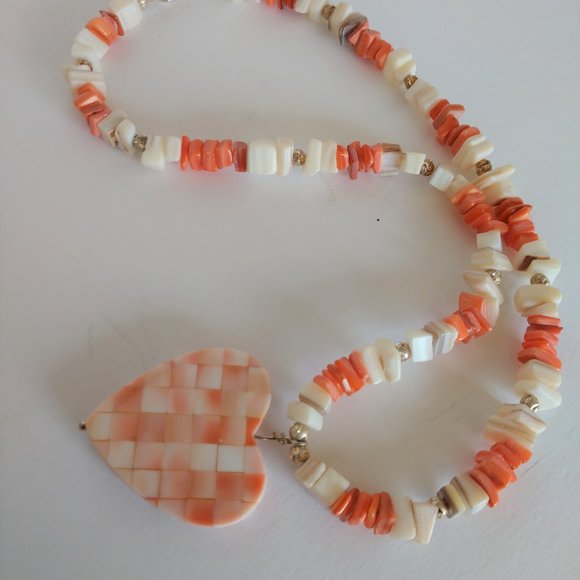 Handmade Valentines Heart Necklace with Peach Coral White Shell Beads 19 Inch - Picture 10 of 16